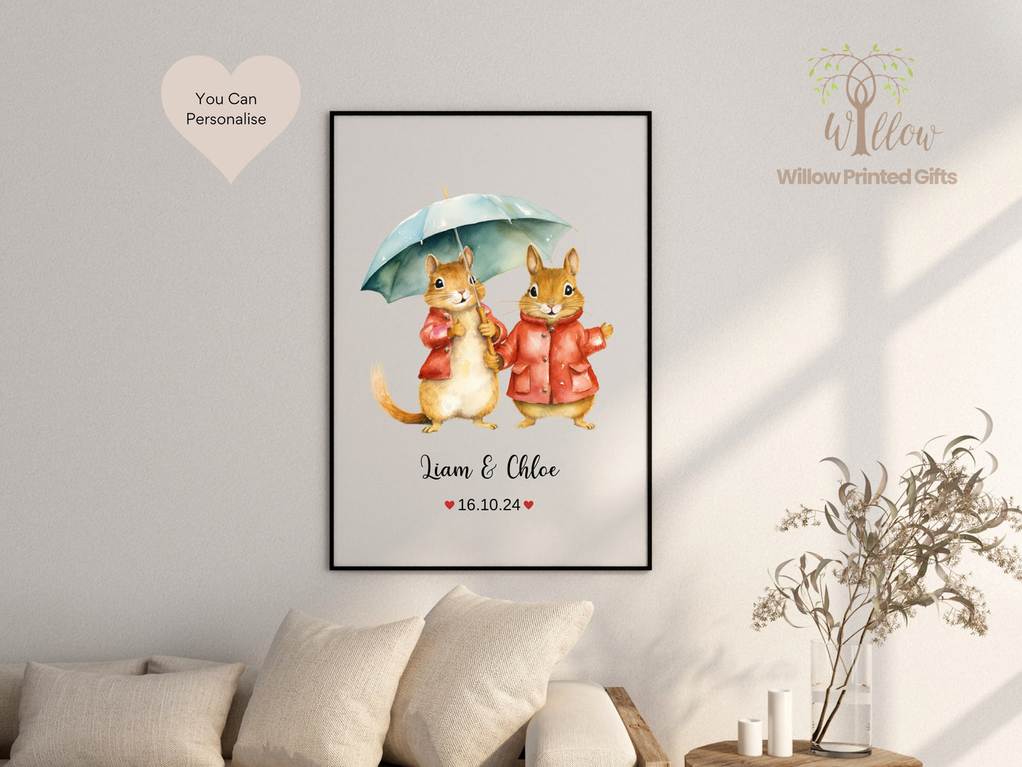 Squirrel Wedding Gifts, Couples Gift, Personalised Animal Print, Engagement Gift, Squirrel Couple Print,1st Anniversary Gift, Newlywed Print