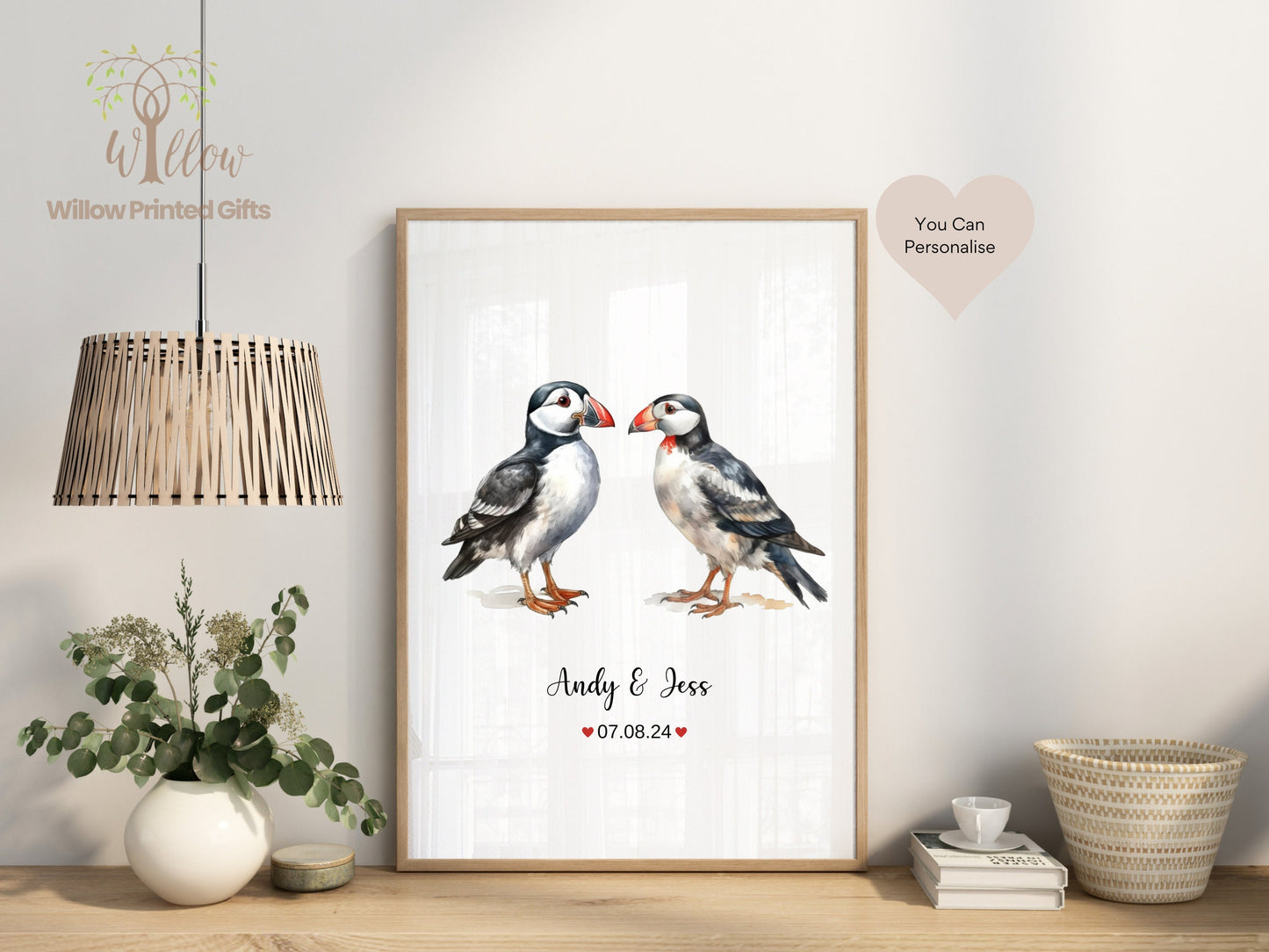 Puffin Wedding Gifts, Couples Gift, Personalised Animal Print, Engagement Gift, Puffin Couple Print, 1st Anniversary Gift, Newlywed Print