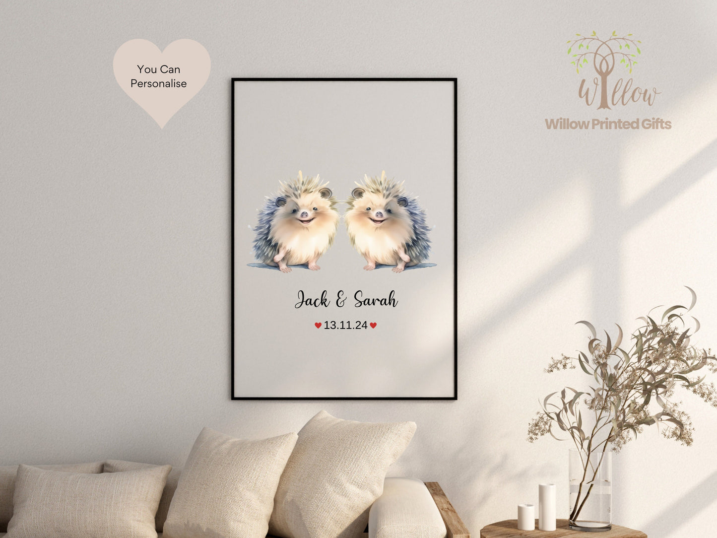 Hedgehog Wedding Gifts, Couples Gift, Personalised Animal Print, Engagement Gift, Hedgehog Couple Print,1st Anniversary Gift, Newlywed Print