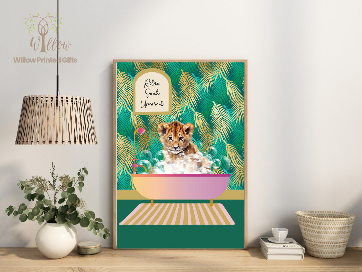 Lion Bathroom Print, Quirky Animal Print, Boho Jungle Print, Tropical Wall Art Decoration, Funny Animal Wall Art, Botanical Print