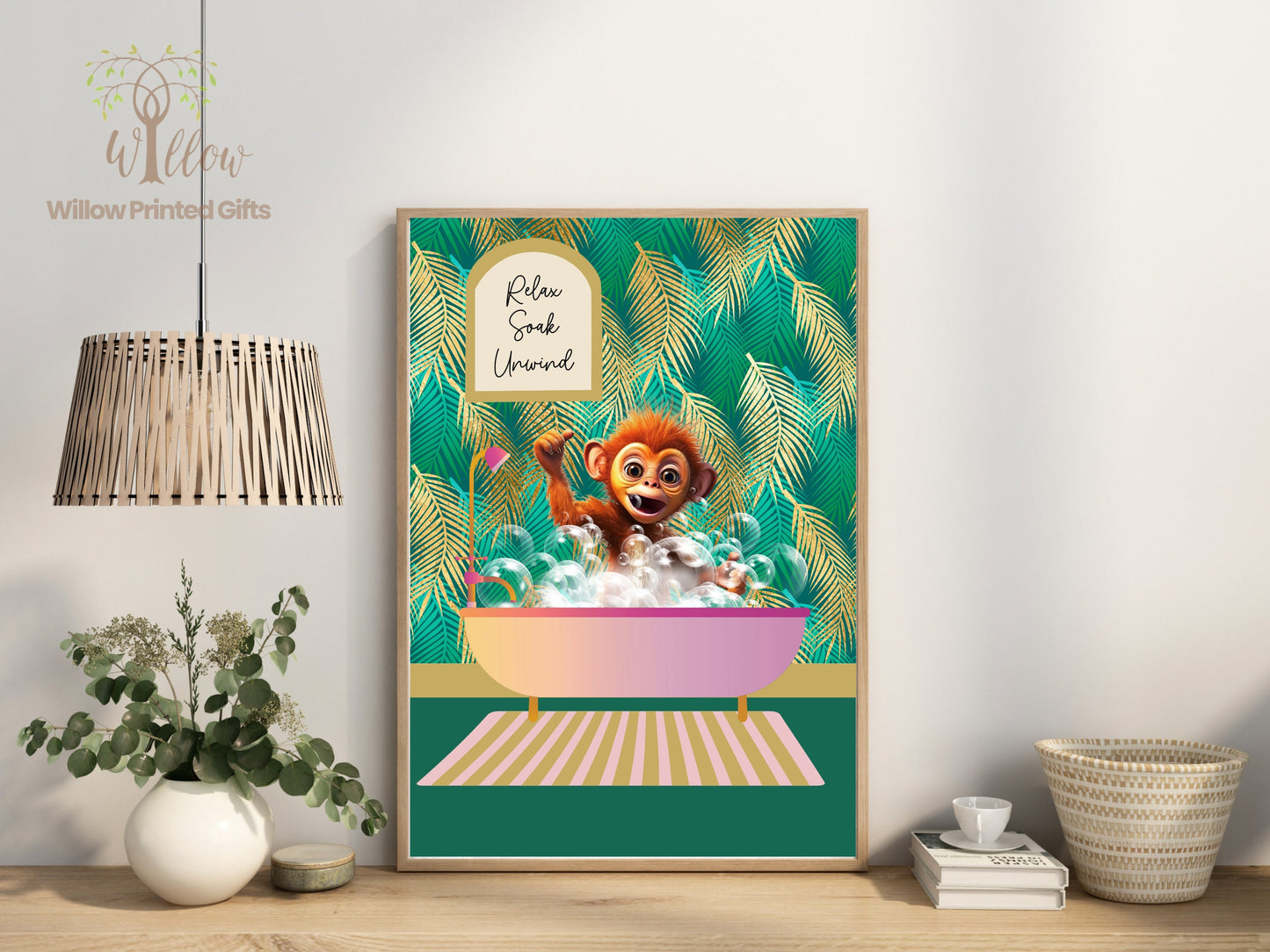 Monkey Bathroom Print, Quirky Animal Print, Boho Jungle Print, Tropical Wall Art Decoration, Funny Animal Wall Art, Botanical Print