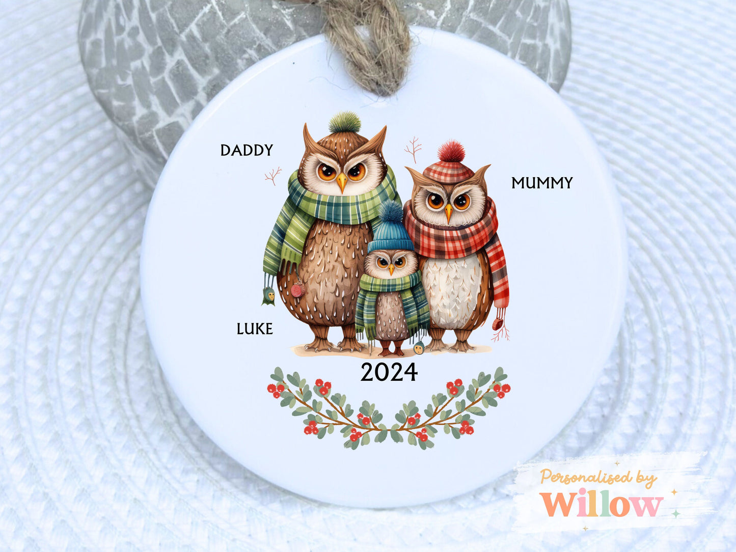 Personalised 1st Christmas as Family of 3, Owl Mummy Daddy Ceramic Ornament Keepsake