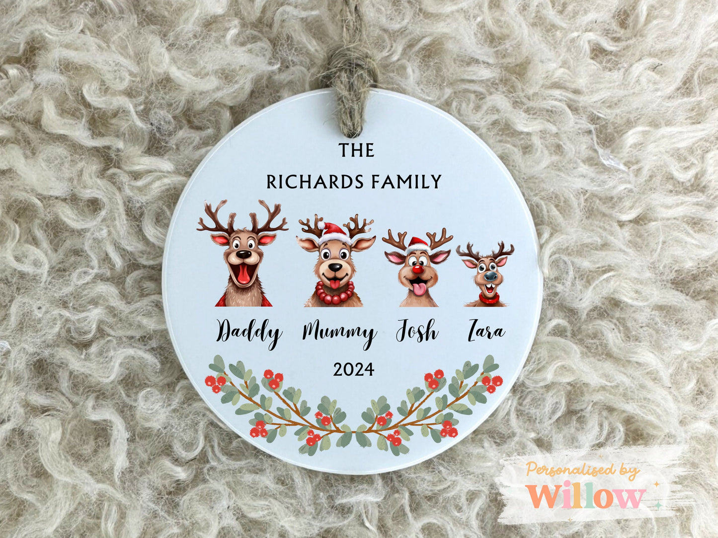 Christmas Reindeer Ornament, Personalised Family Decoration, Custom Christmas Ornament, Keepsake Bauble, Family Gift