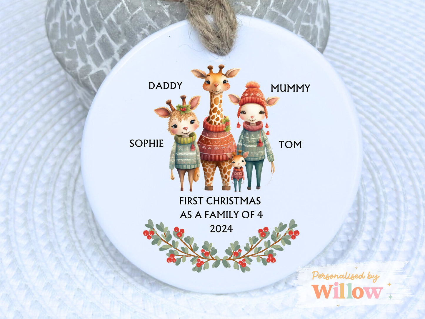 Personalised 1st Christmas as Family of 4, Giraffe Mummy Daddy Ceramic Ornament