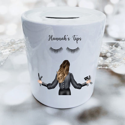 Personalised Lash Beautician Tip Jar, Beauty Therapist Piggy Bank, Personalised Money Box, Salon Tip Jar, Salon Tips, Ceramic Savings Jar