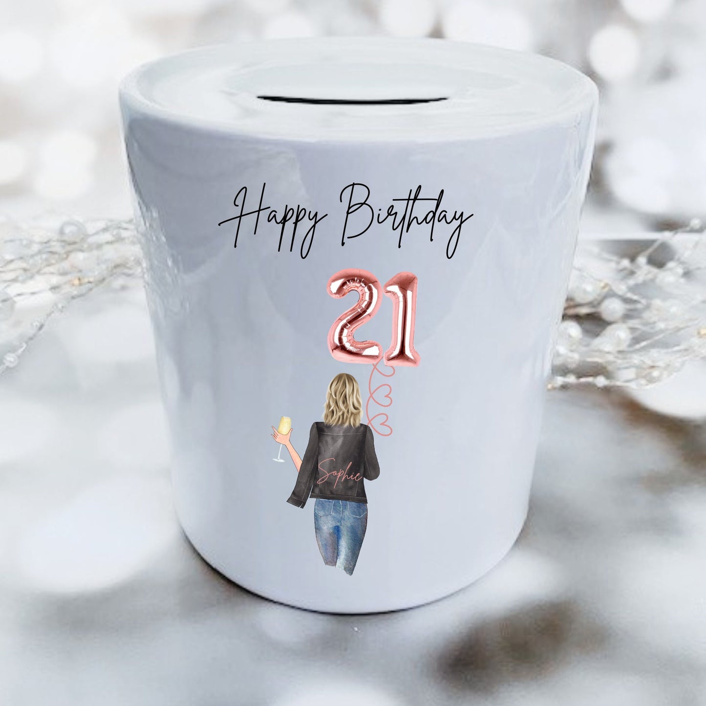 Personalised 21st Birthday Tip Jar, Happy Birthday Piggy Bank.