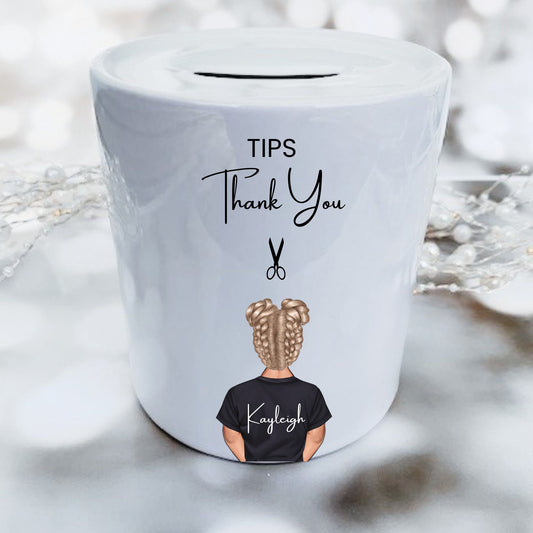 Personalised Hairdresser Tip Jar, Hairdressing Piggy Bank.