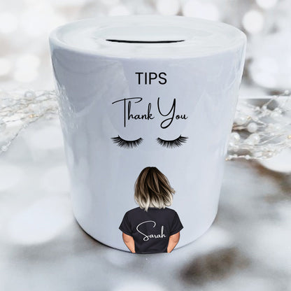 Personalised Lash Tech Tip Jar, Beauty Therapist Piggy Bank.