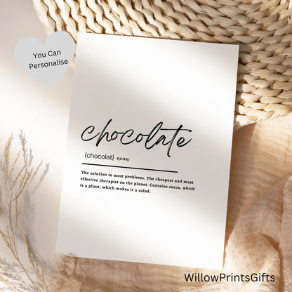 Chocolate Print, Chocolate Definition Print, Baker Gifts, Kitchen Print, Chocolate Quote, Home Print, Dictionary Print, A5 A4 A3 Paper Sizes