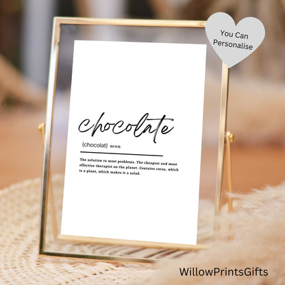 Chocolate Print, Chocolate Definition Print, Baker Gifts, Kitchen Print, Chocolate Quote, Home Print, Dictionary Print, A5 A4 A3 Paper Sizes