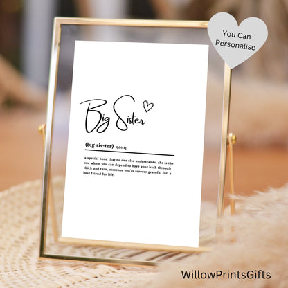 Big Sister Definition Print, Sister Birthday Gift, Special Sister Gift, Big Sister Print, Sibling Gift, A5 A4 A3 Paper Sizes