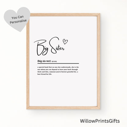 Big Sister Definition Print, Sister Birthday Gift, Special Sister Gift, Big Sister Print, Sibling Gift, A5 A4 A3 Paper Sizes
