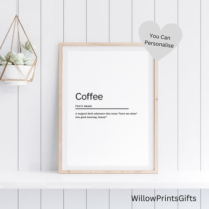 Coffee Definition Wall Art, Print Kitchen Wall Art, Foodie Print, Kitchen Print, Coffee Lover Print, Quote Print,  A5 A4 A3 Paper Sizes