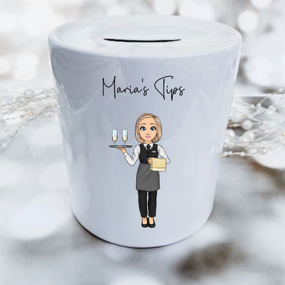 Personalised Waitress Tip Jar, Hairdressing Piggy Bank, Personalised Money Box