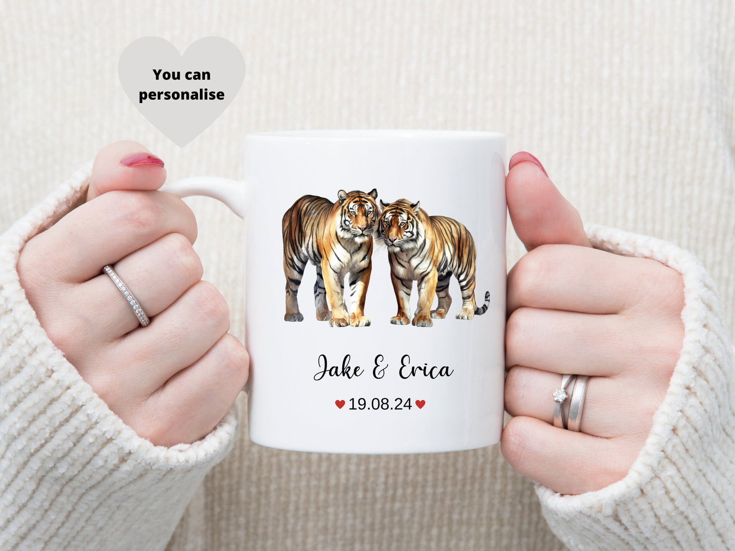 Tiger Wedding Mug Gift, Personalised 1st Anniversary Gift, Personalised Mug.