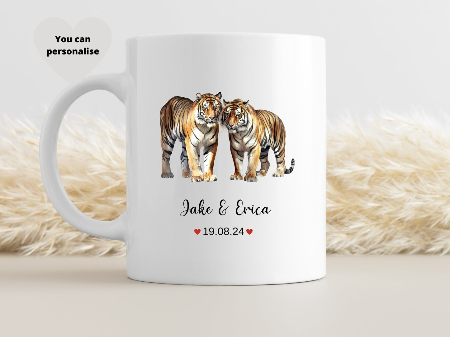 Tiger Wedding Mug Gift, Personalised 1st Anniversary Gift, Personalised Mug.