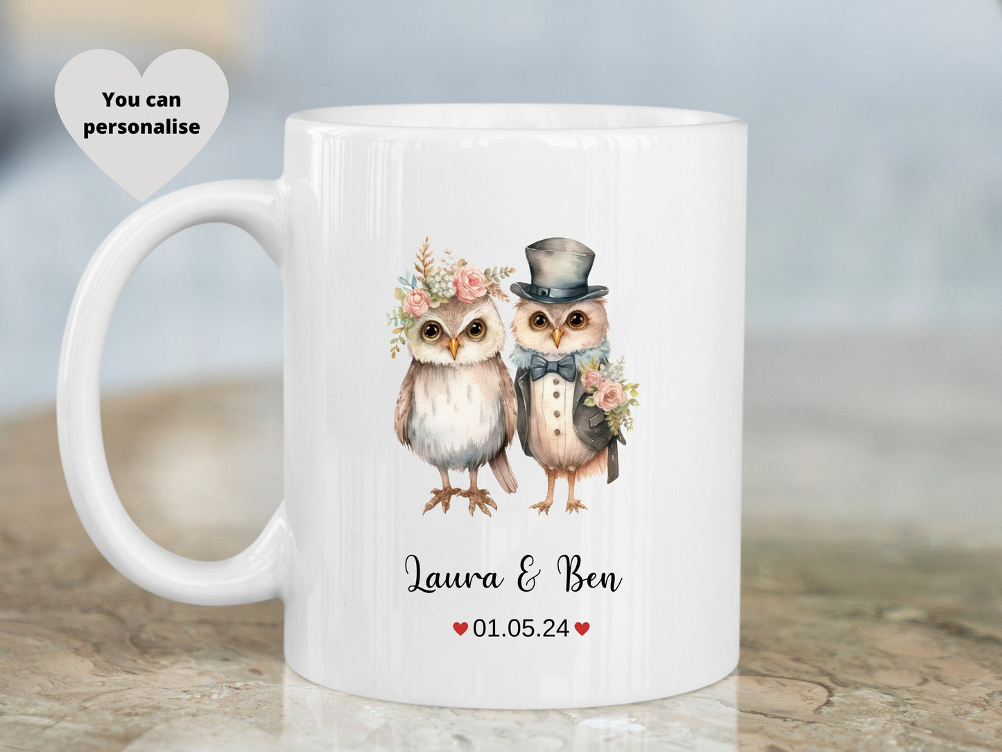 Personalised Owl Wedding / 1st Anniversary Mug