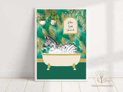 Zebra in a Bathroom Print, Zebra in Bath Print, Animal in Bathtub, Unframed Print, Botanical Animal Print, Tropical Toilet Print