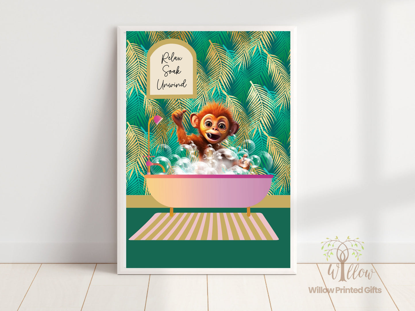 Monkey Bathroom Print, Quirky Animal Print, Boho Jungle Print, Tropical Wall Art Decoration, Funny Animal Wall Art, Botanical Print