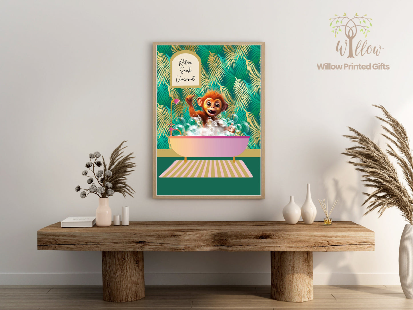 Monkey Bathroom Print, Quirky Animal Print, Boho Jungle Print, Tropical Wall Art Decoration, Funny Animal Wall Art, Botanical Print