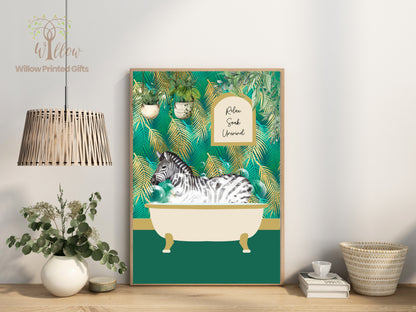 Zebra in a Bathroom Print, Zebra in Bath Print, Animal in Bathtub, Unframed Print, Botanical Animal Print, Tropical Toilet Print