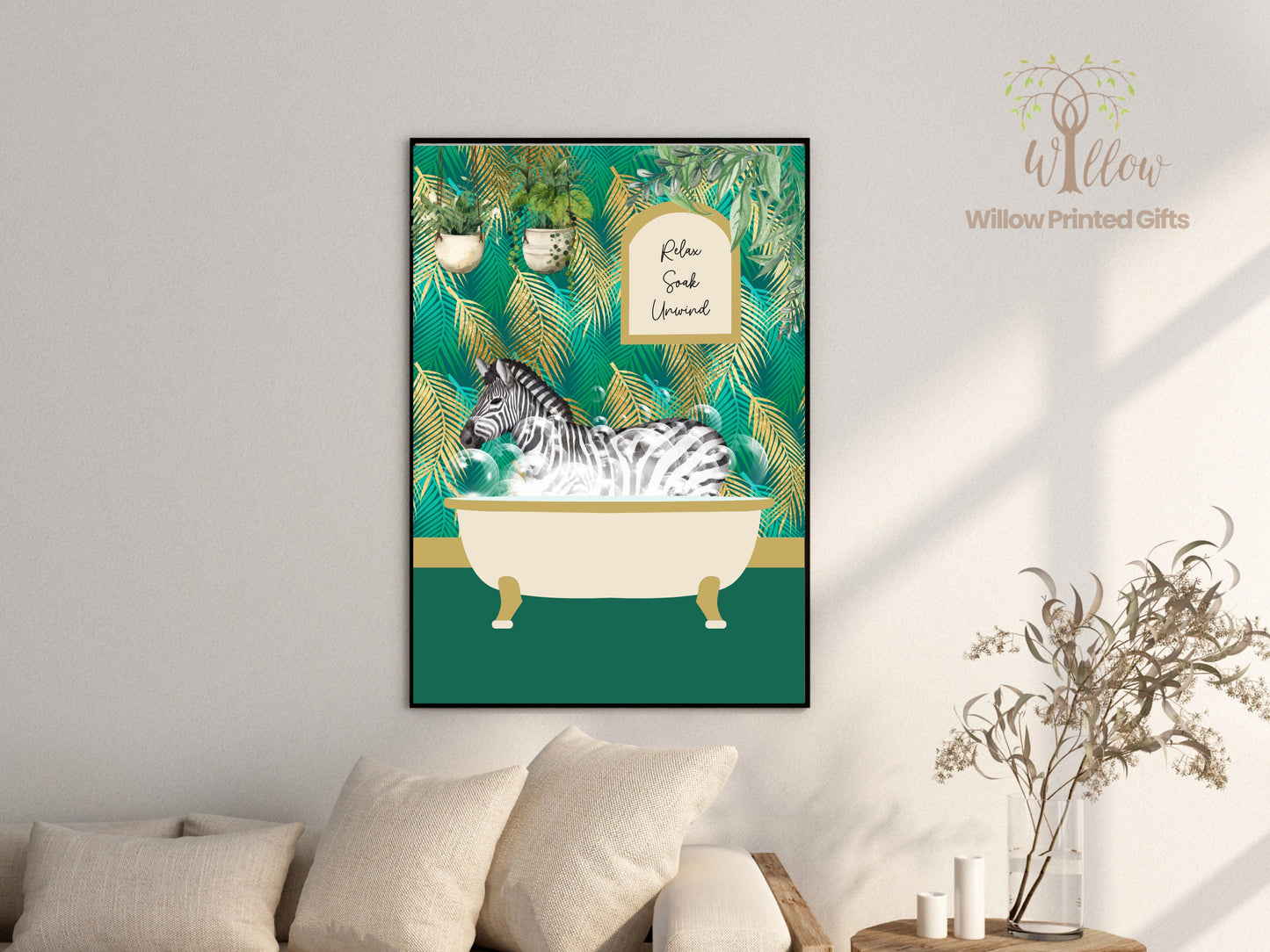 Zebra in a Bathroom Print, Zebra in Bath Print, Animal in Bathtub, Unframed Print, Botanical Animal Print, Tropical Toilet Print