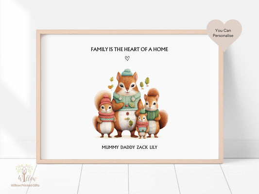 Personalised Squirrel Family Print, Family Portrait, Family Print, Gift For Mum, Family Quote Print, Family Wall Décor, Any Name Gift