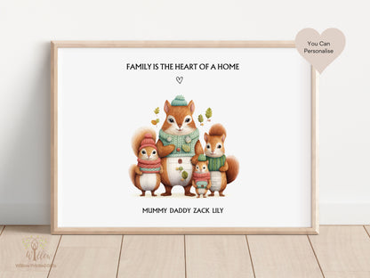 Personalised Squirrel Family Print, Family Portrait, Family Print, Gift For Mum, Family Quote Print, Family Wall Décor, Any Name Gift