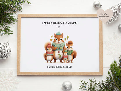 Personalised Squirrel Family Print, Family Portrait, Family Print, Gift For Mum, Family Quote Print, Family Wall Décor, Any Name Gift
