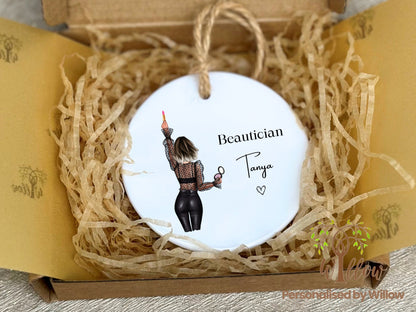 Beautician Gift, Personalised Beauty Hanging Ceramic Ornament.