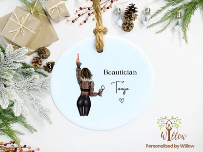 Beautician Gift, Personalised Beauty Hanging Ceramic Ornament.