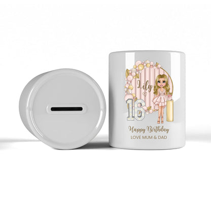 Personalised Sweet 16th Birthday Money Box, Tip Jar.