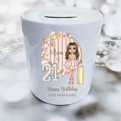 Personalised 21st Birthday Money Box, Tip Jar, Happy Birthday Piggy Bank.