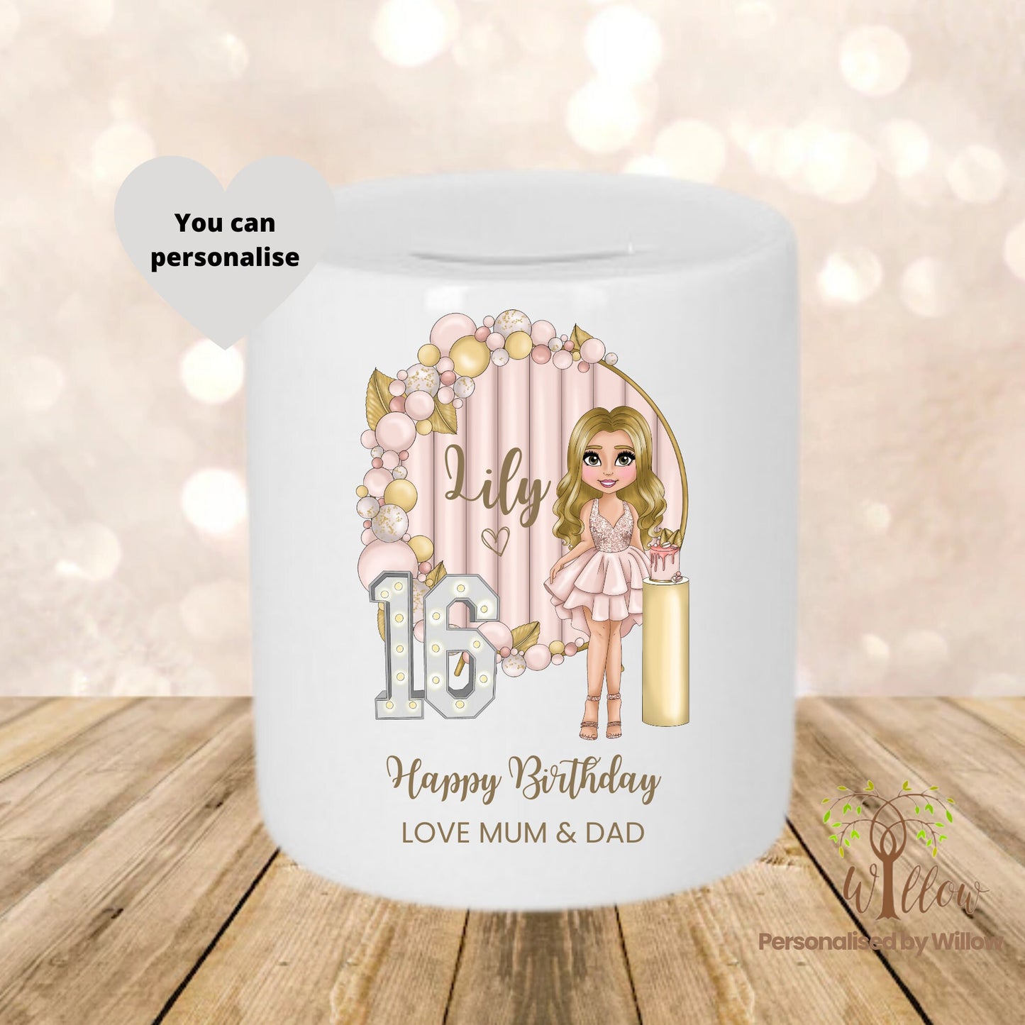 Personalised Sweet 16th Birthday Money Box, Tip Jar.