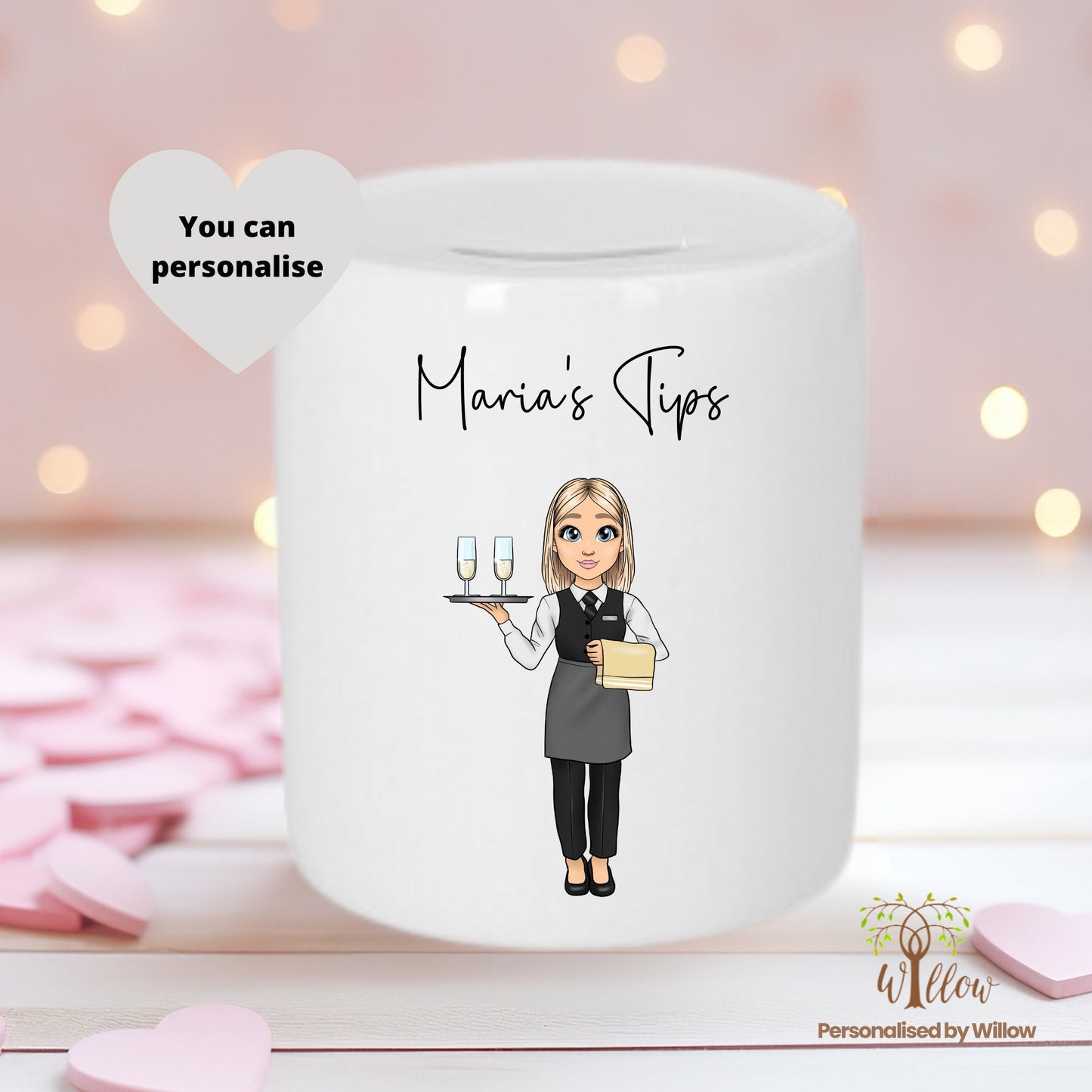 Personalised Waitress Tip Jar, Hairdressing Piggy Bank, Personalised Money Box