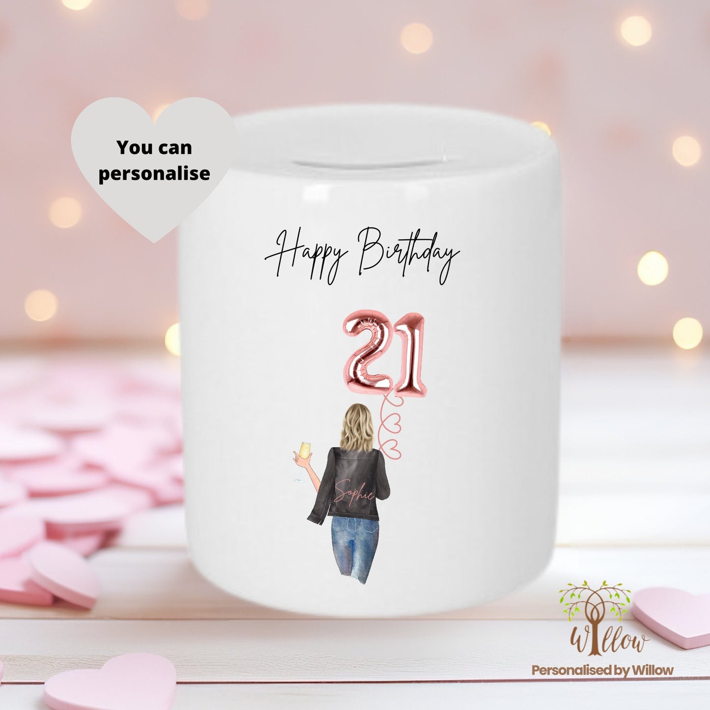 Personalised 21st Birthday Tip Jar, Happy Birthday Piggy Bank.