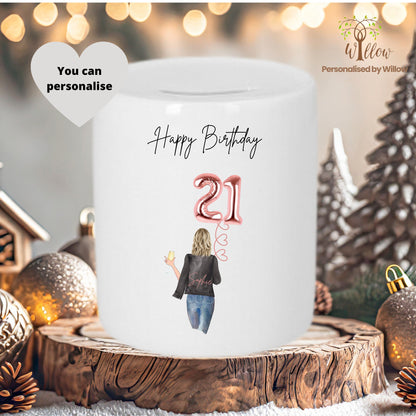 Personalised 21st Birthday Tip Jar, Happy Birthday Piggy Bank.