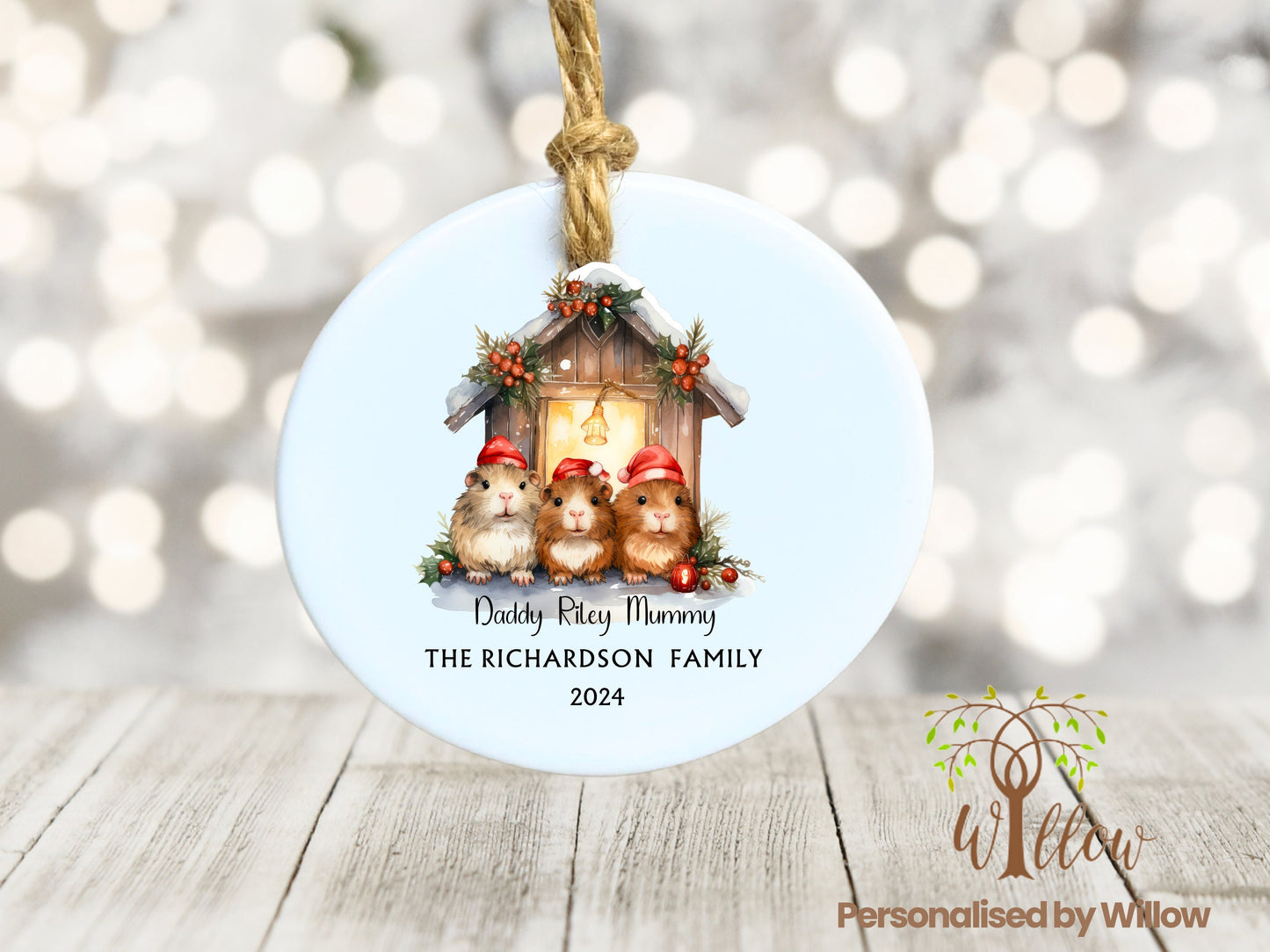 Personalised Guineapig Family Christmas as Family of 3 Ceramic Hanging Decoration