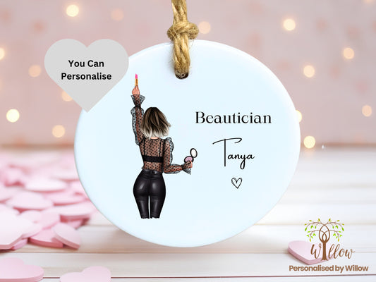 Beautician Gift, Personalised Beauty Hanging Ceramic Ornament.