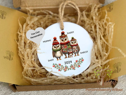 Personalised 1st Christmas as Family of 4, Owl Mummy Daddy Ceramic Ornament Keepsake