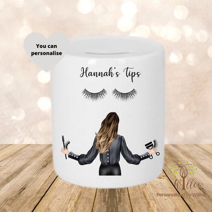 Personalised Lash Beautician Tip Jar, Beauty Therapist Piggy Bank, Personalised Money Box, Salon Tip Jar, Salon Tips, Ceramic Savings Jar