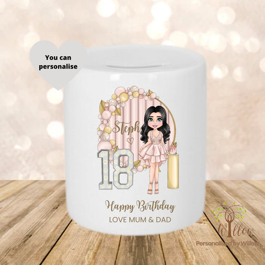 Personalised 18th Birthday Money Box, Tip Jar, Happy Birthday Piggy Bank.