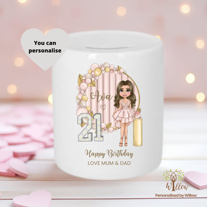 Personalised 21st Birthday Money Box, Tip Jar, Happy Birthday Piggy Bank.