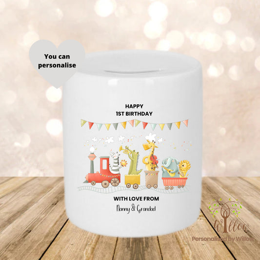 Personalised 1st Birthday Ceramic Piggy Bank, New Born Gift