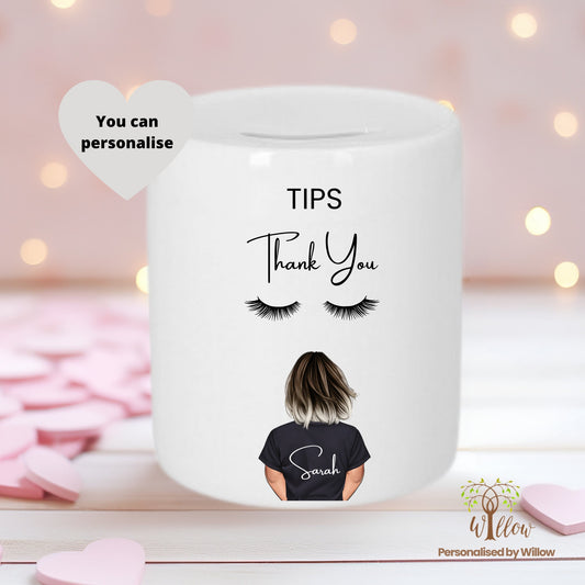 Personalised Lash Tech Tip Jar, Beauty Therapist Piggy Bank.