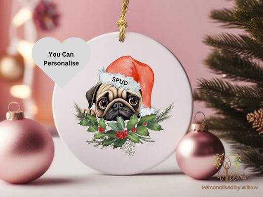 Pug Dog Personalised Christmas Ornament, Personalised Pet Lover Gift, Dog Breeds Christmas Bauble, Ceramic Ornament, Dog Lover Keepsake