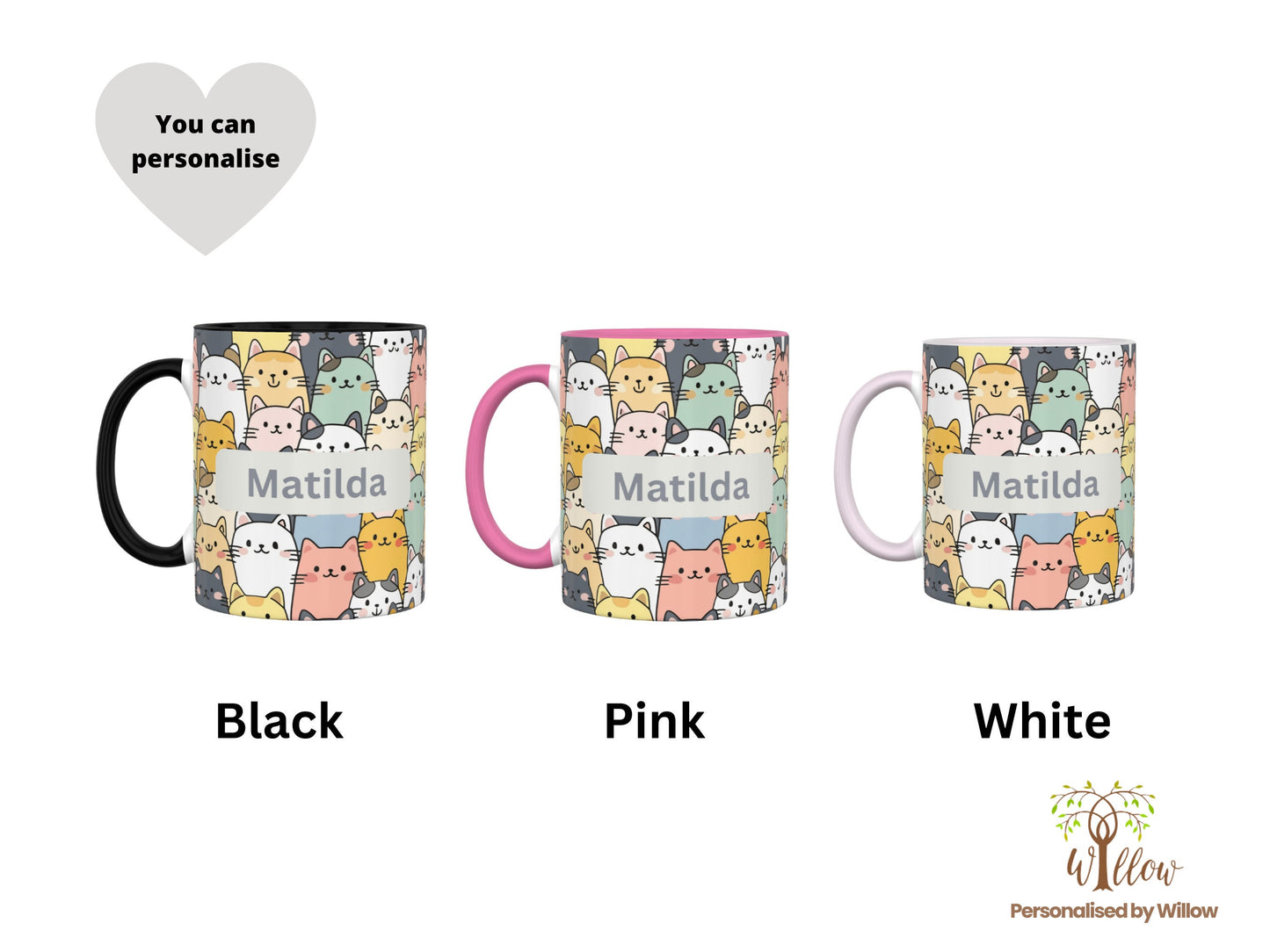 Personalised Name Cat Lover Mug With Optional Matching Slate Coaster