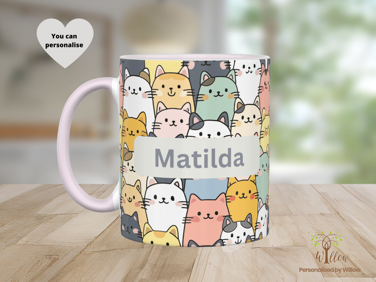 Personalised Name Cat Lover Mug With Optional Matching Slate Coaster