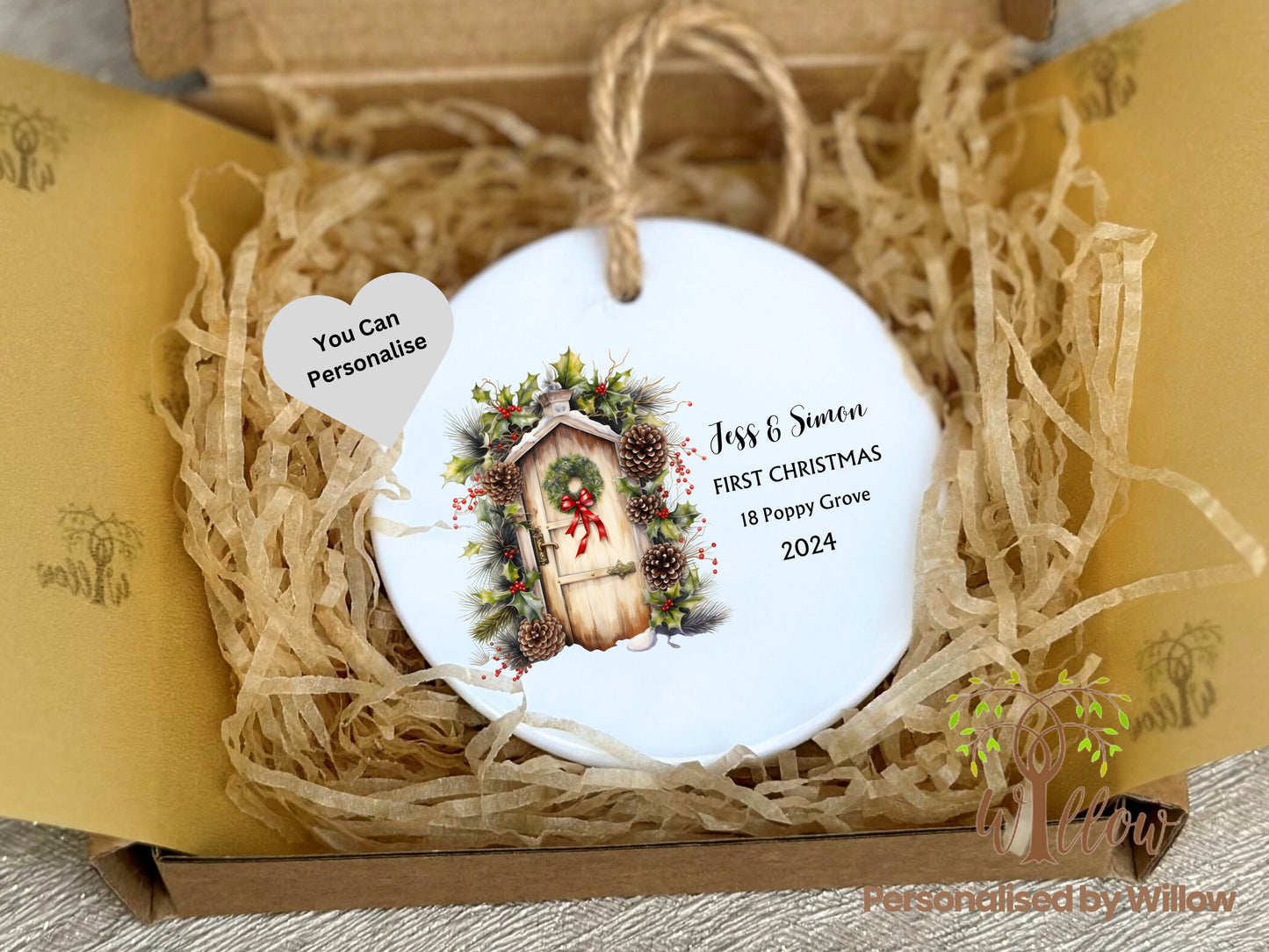 Personalised First Christmas in Our New Home Bauble, Xmas Tree Decoration, Ceramic Ornament.