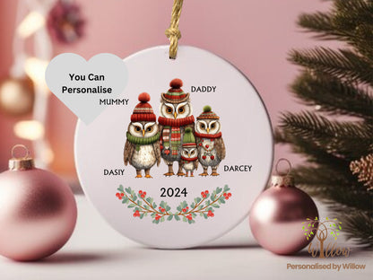 Personalised 1st Christmas as Family of 4, Owl Mummy Daddy Ceramic Ornament Keepsake